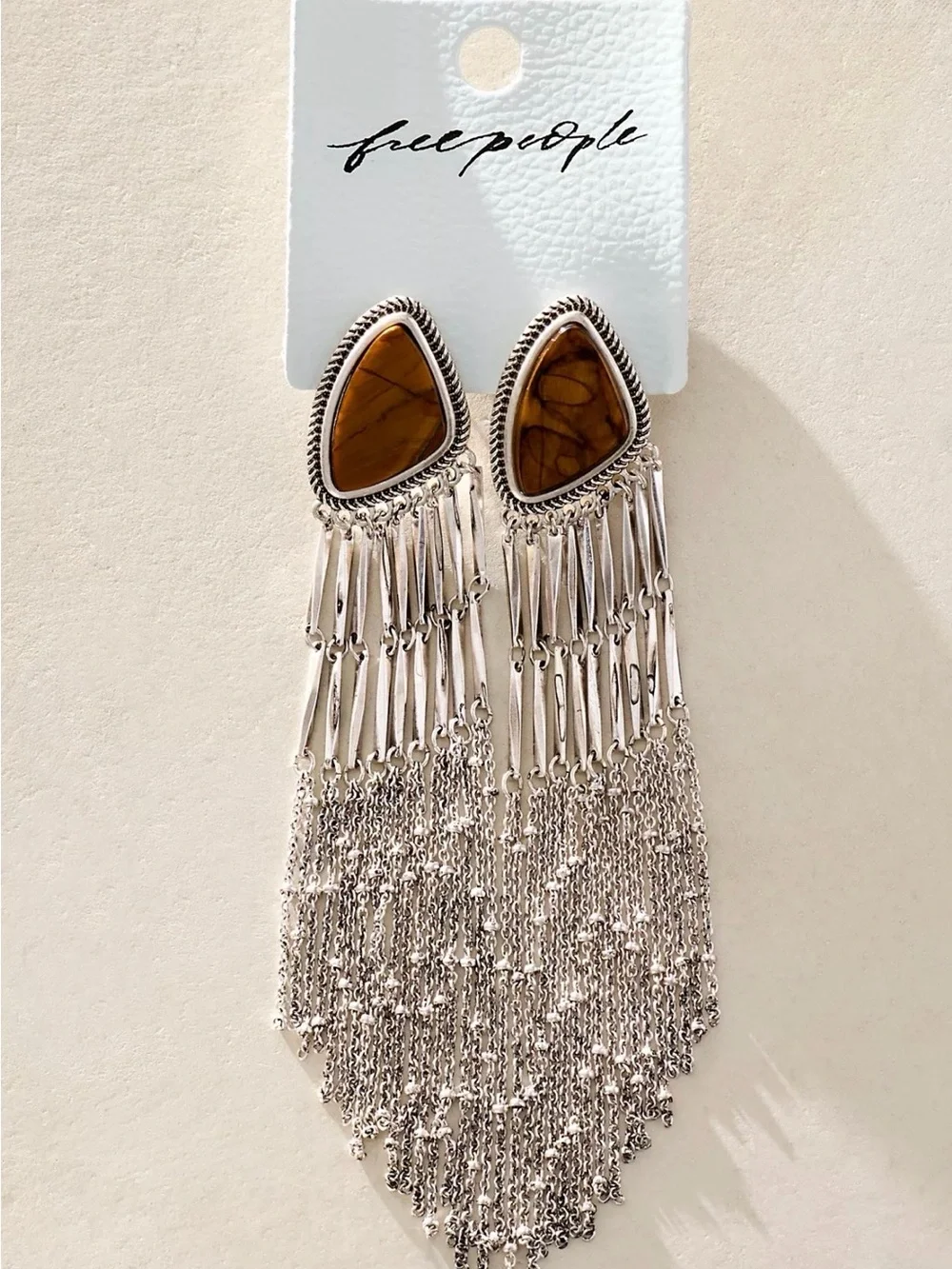 Free People Silver Fringe Earrings with Brown Stone Teardrops